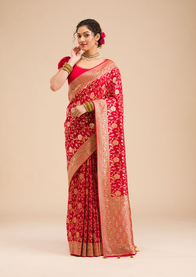 Red Zariwork Banarasi Silk Saree-Koskii