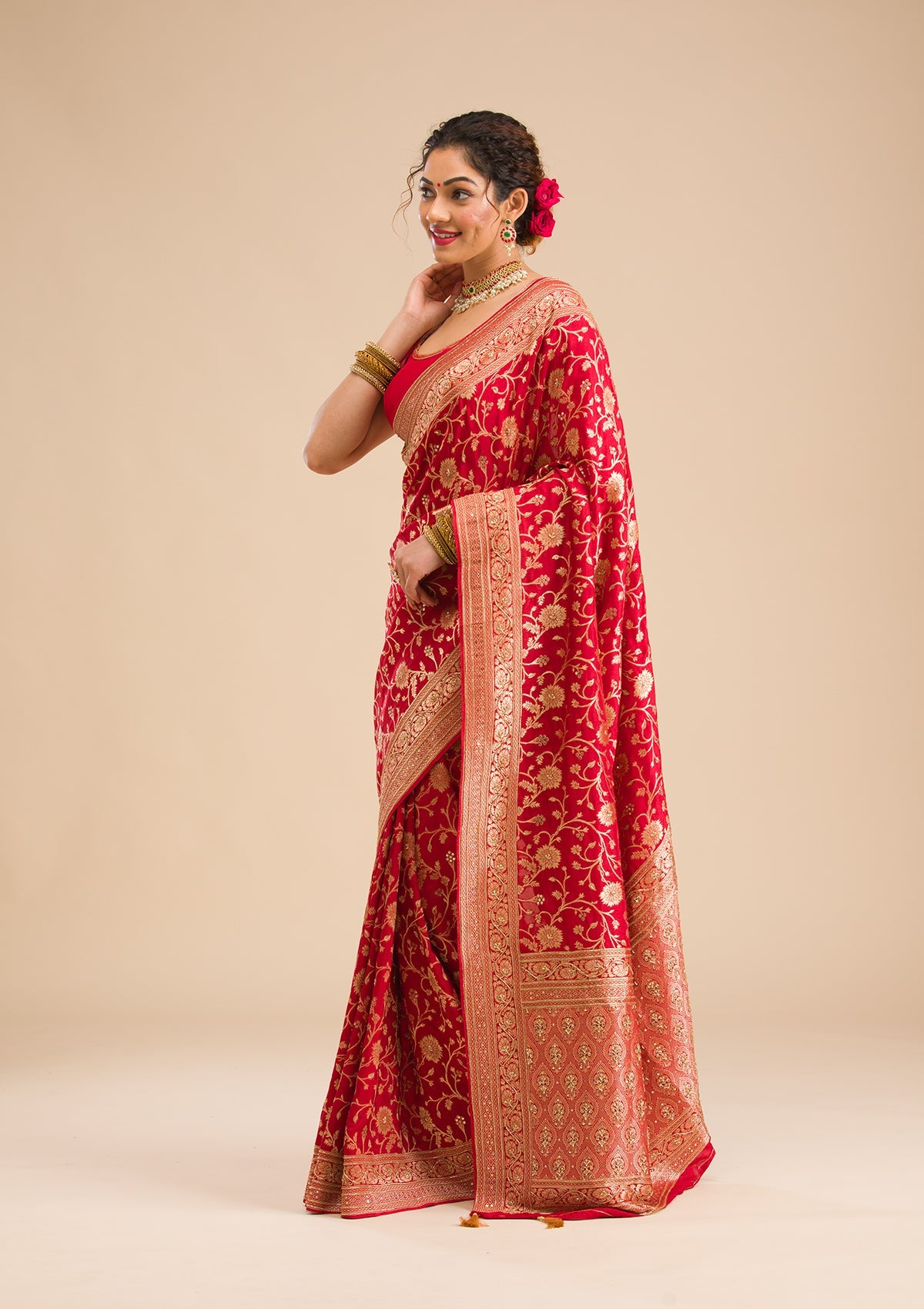 Red Zariwork Banarasi Silk Saree-Koskii