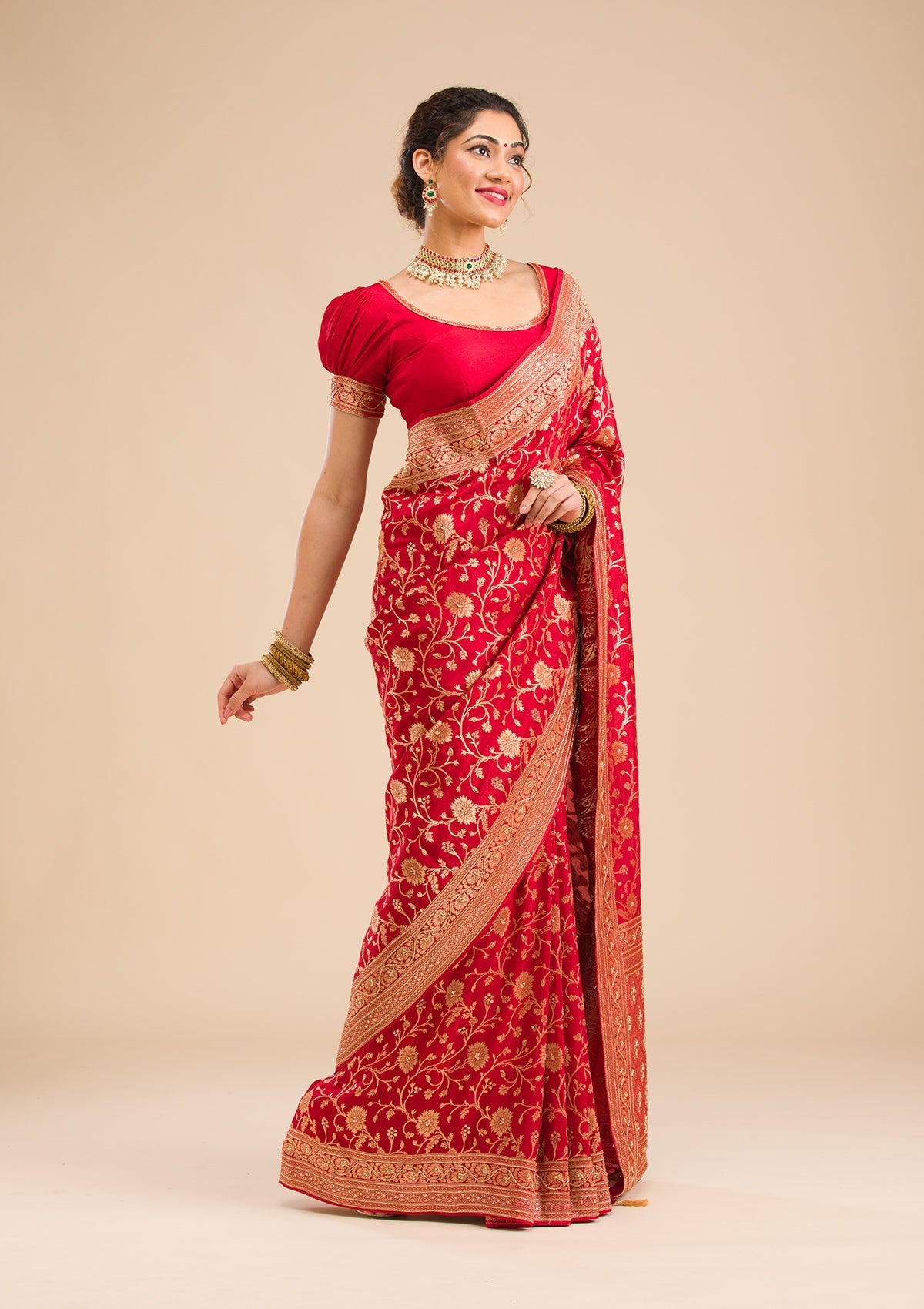 Red Zariwork Banarasi Silk Saree-Koskii