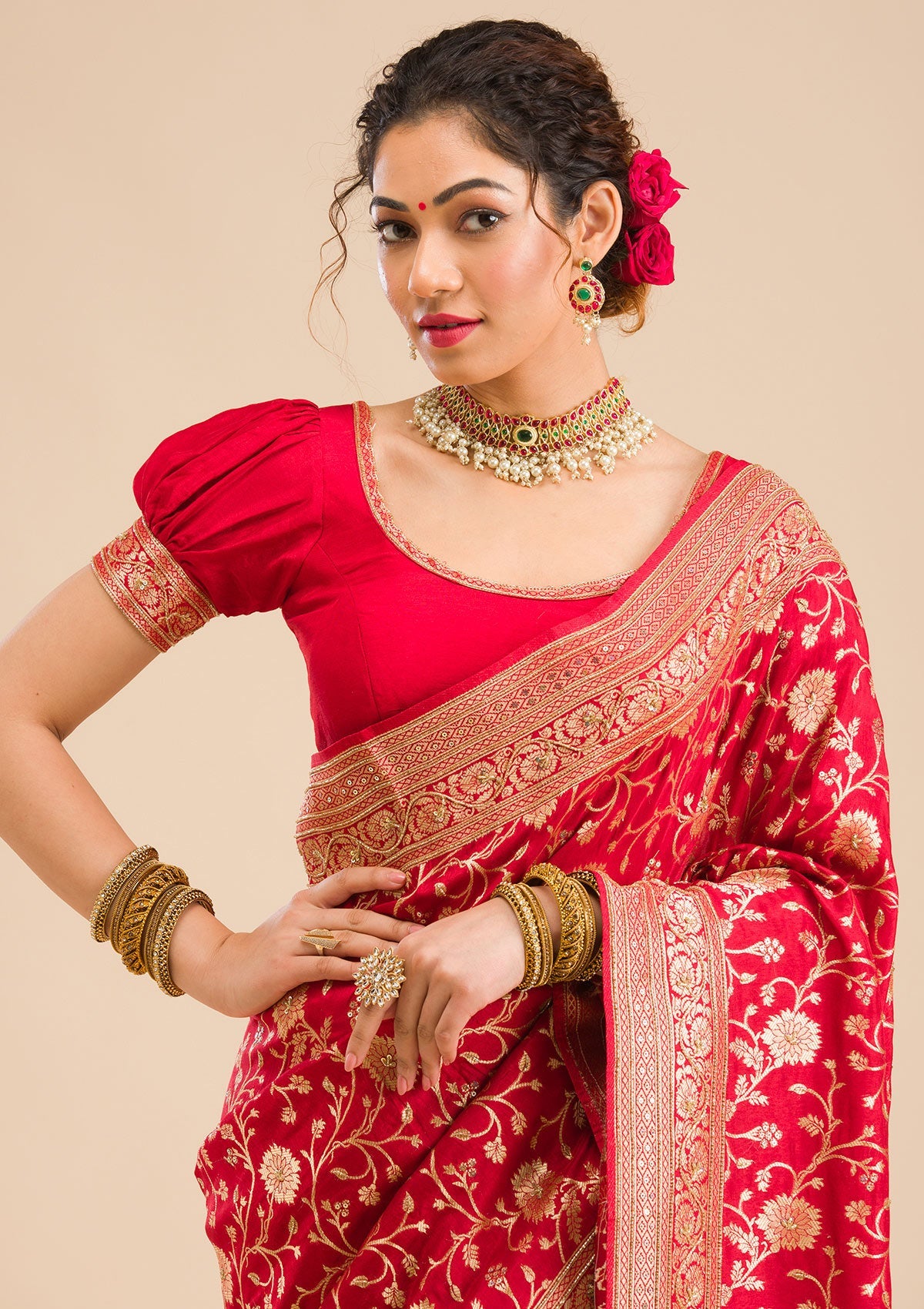 Red Zariwork Banarasi Silk Saree-Koskii