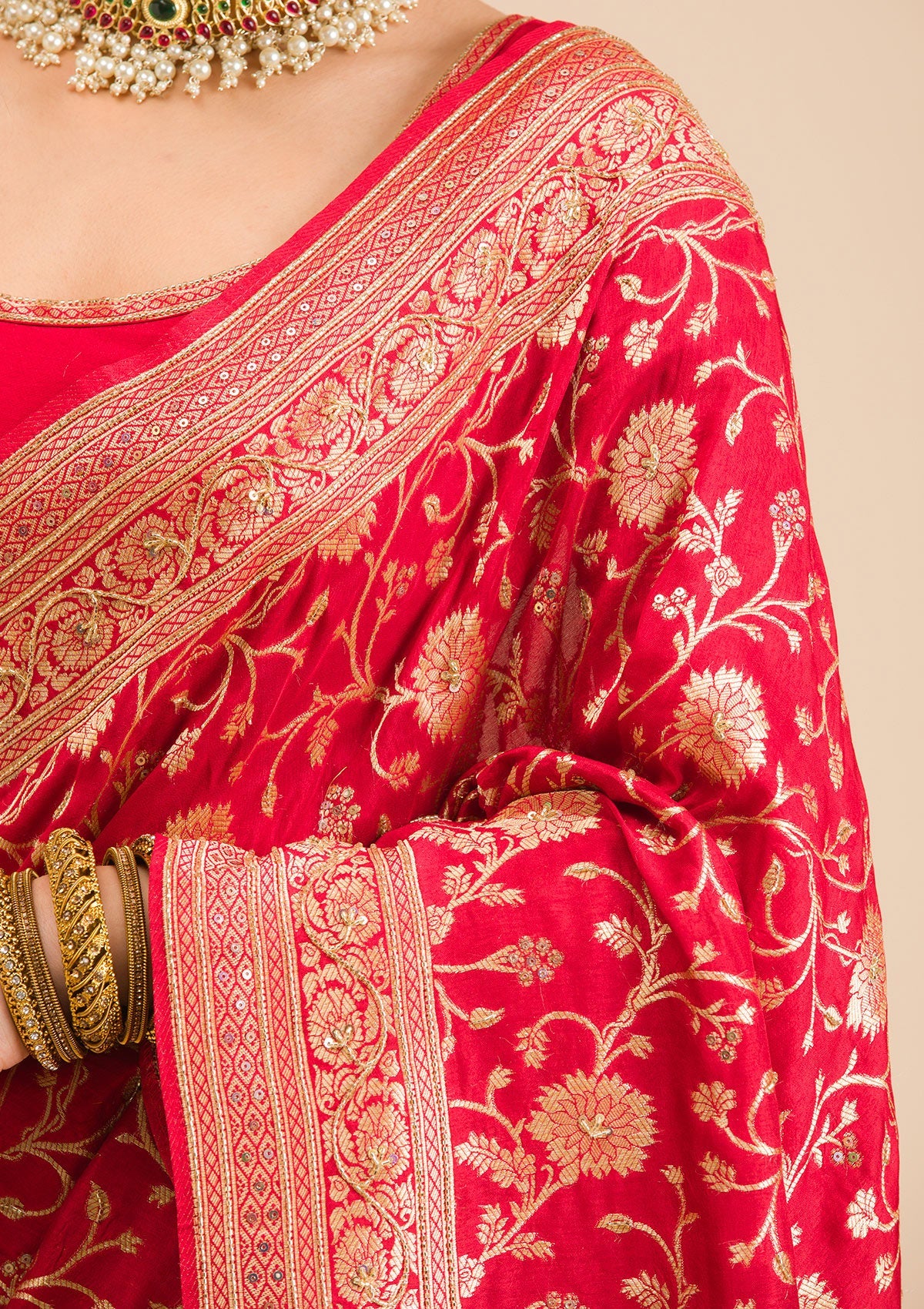 Red Zariwork Banarasi Silk Saree-Koskii