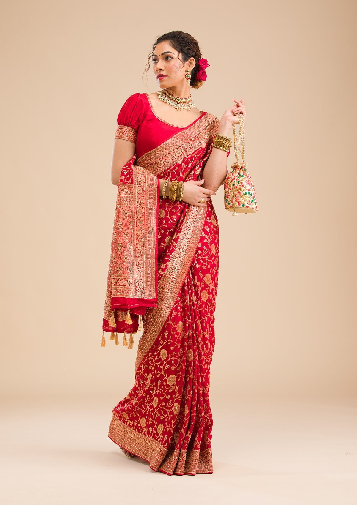 Red Zariwork Banarasi Silk Saree-Koskii