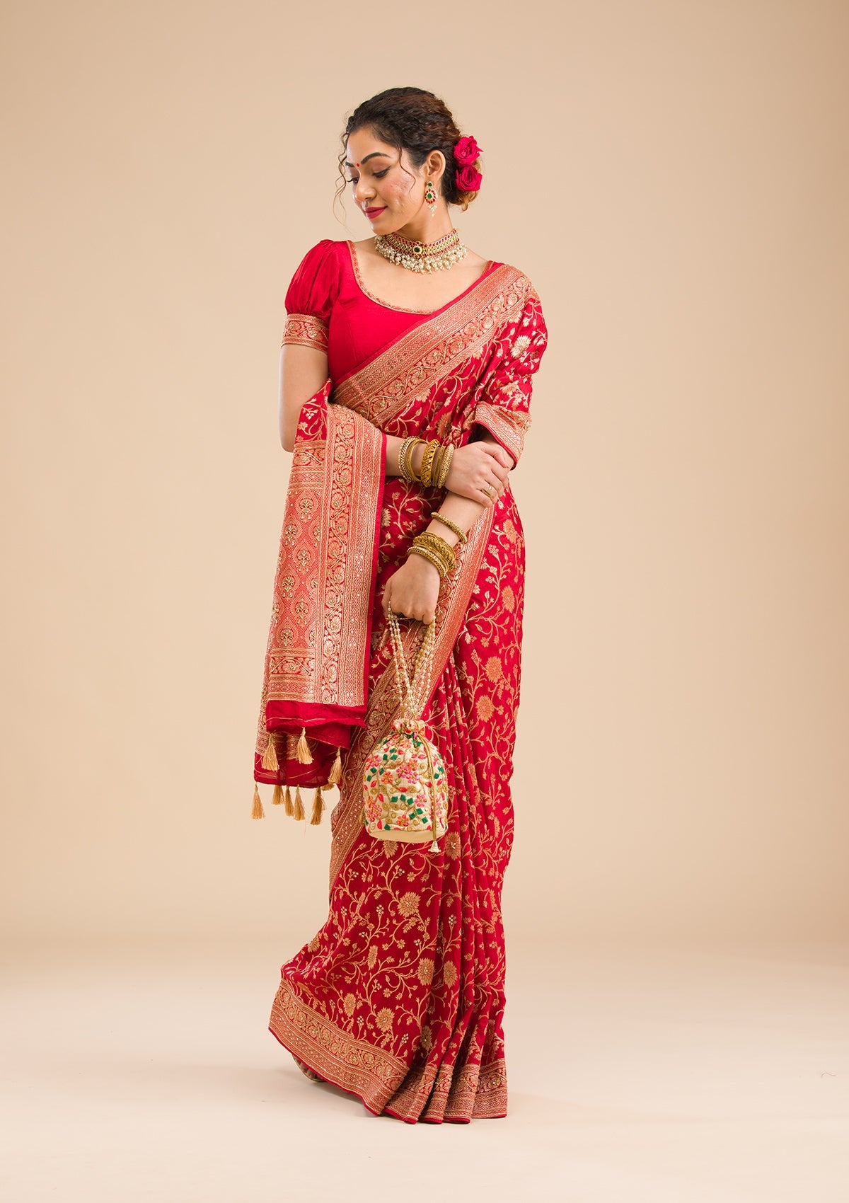 Red Zariwork Banarasi Silk Saree-Koskii