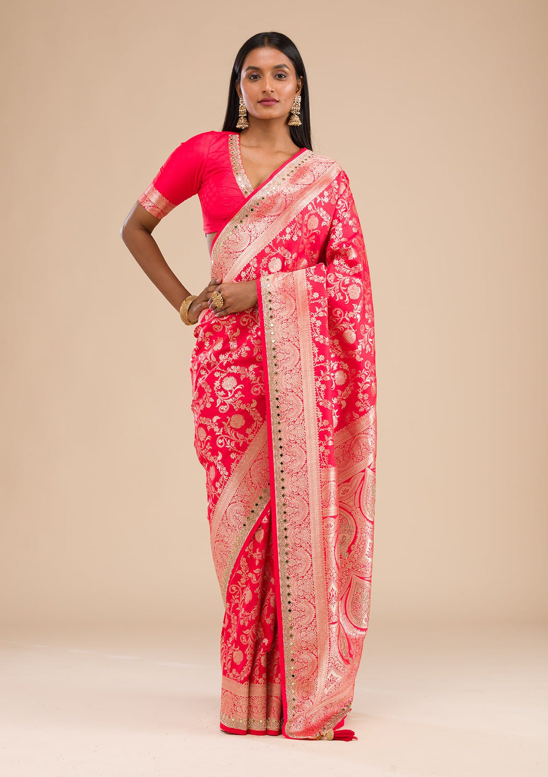 Red Zariwork Banarasi Silk Saree-Koskii