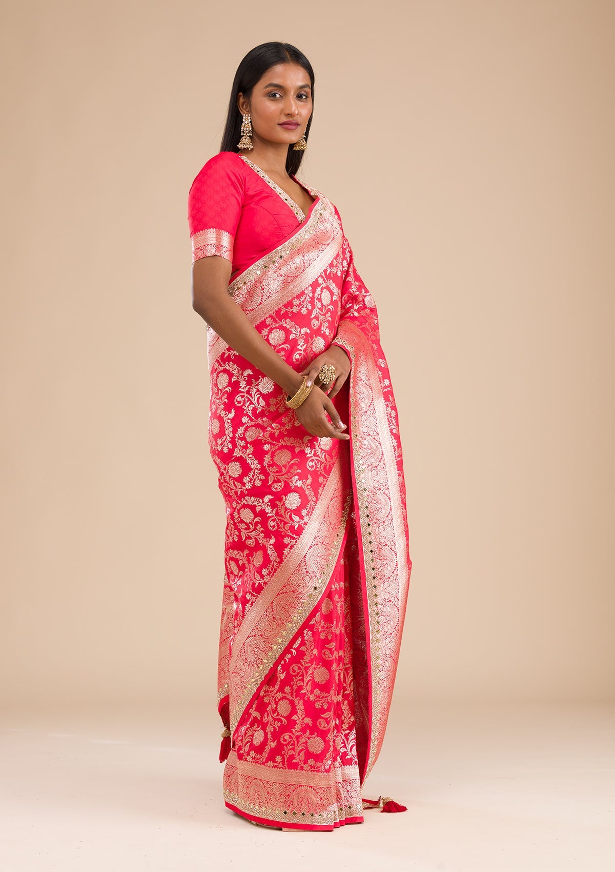 Red Zariwork Banarasi Silk Saree-Koskii