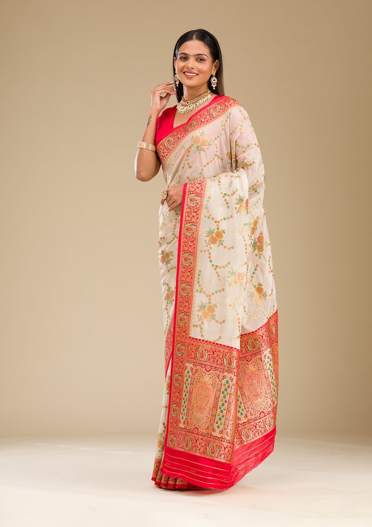 Beige Zariwork Banarasi Silk Saree-Koskii