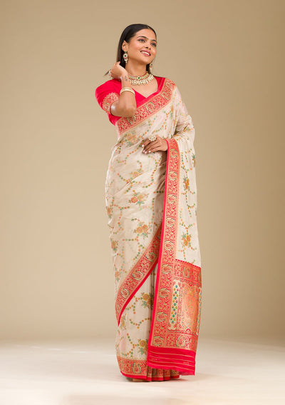 Beige Zariwork Banarasi Silk Saree-Koskii