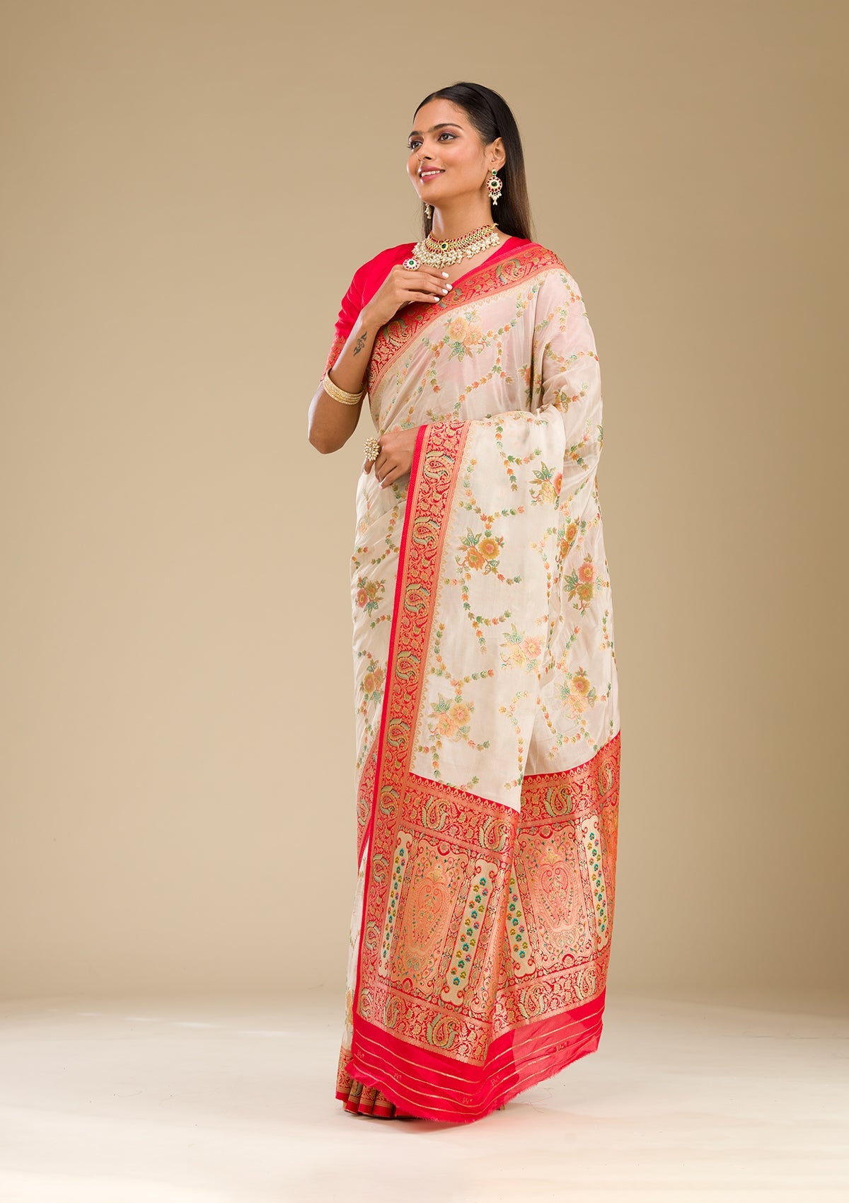 Beige Zariwork Banarasi Silk Saree-Koskii