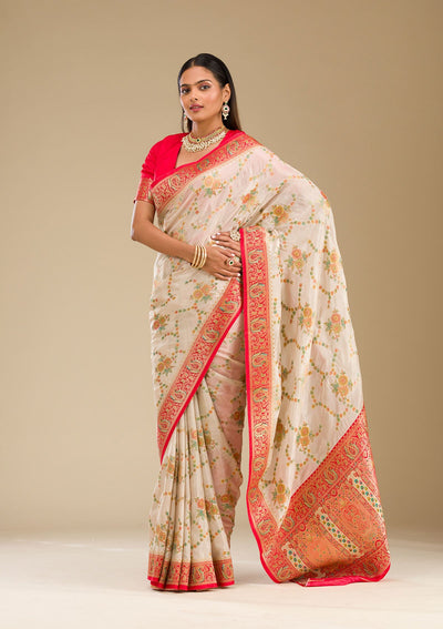 Beige Zariwork Banarasi Silk Saree-Koskii