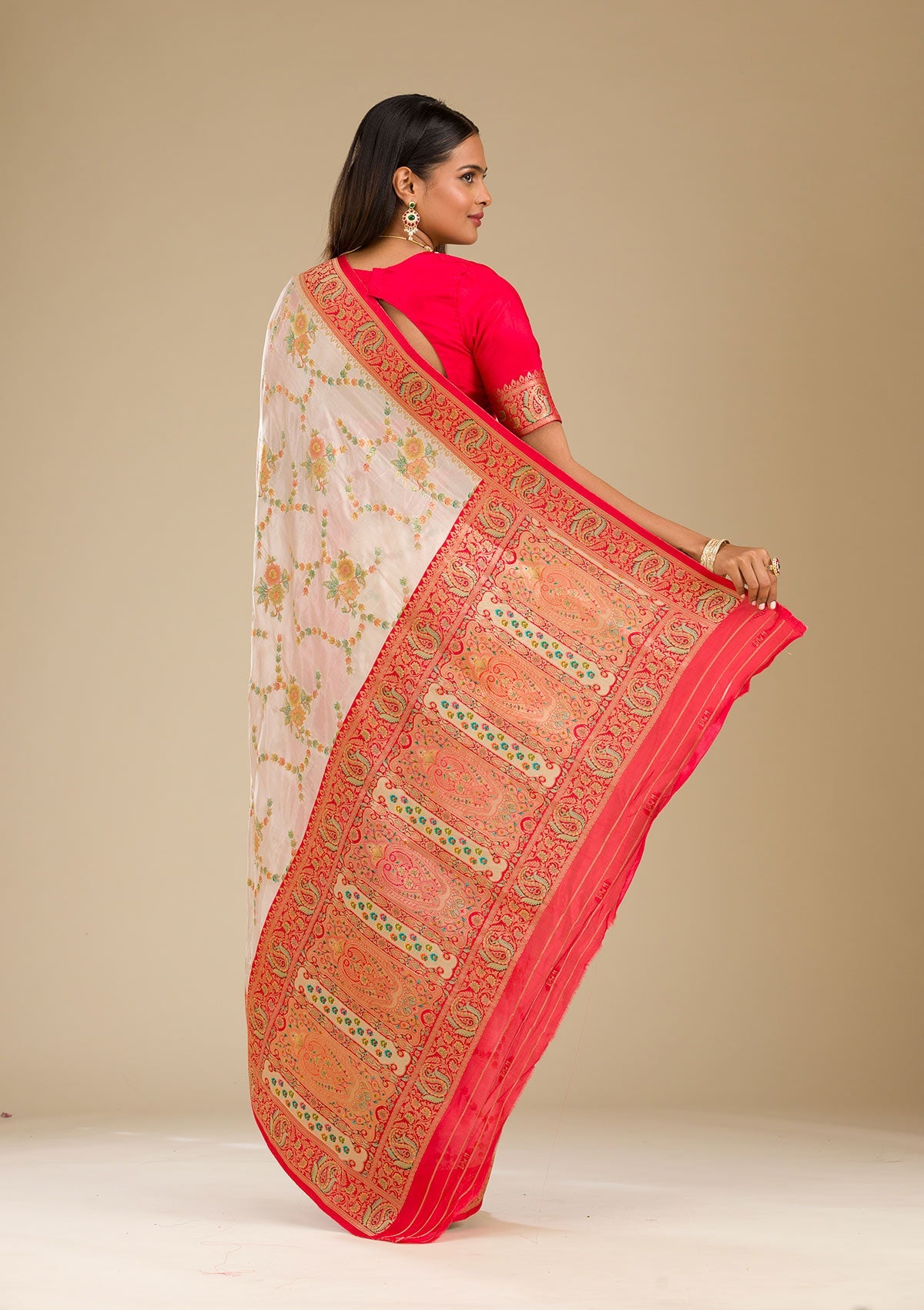 Beige Zariwork Banarasi Silk Saree-Koskii