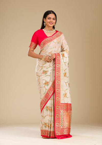 Beige Zariwork Banarasi Silk Saree-Koskii