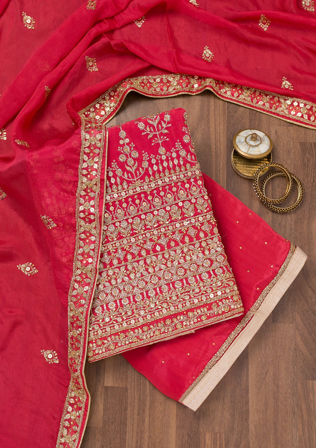 Red Zariwork Crepe Unstitched Salwar Suit-Koskii