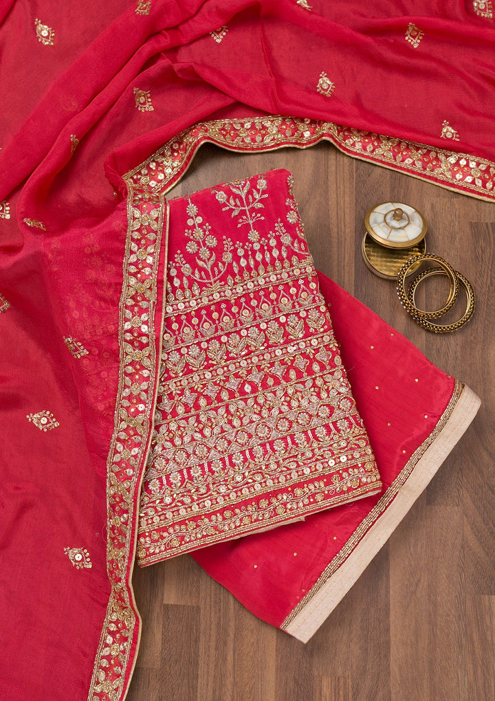 Red Zariwork Crepe Unstitched Salwar Suit-Koskii