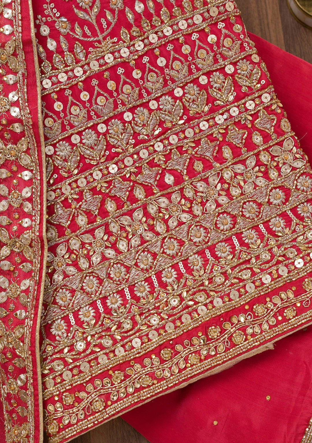 Red Zariwork Crepe Unstitched Salwar Suit-Koskii