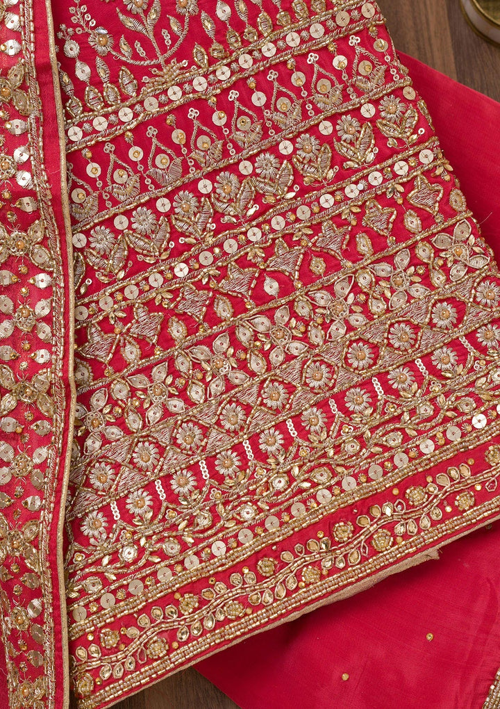Red Zariwork Crepe Unstitched Salwar Suit-Koskii