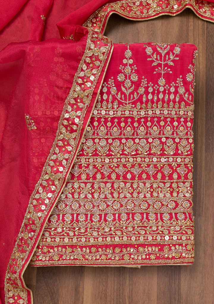 Red Zariwork Crepe Unstitched Salwar Suit-Koskii