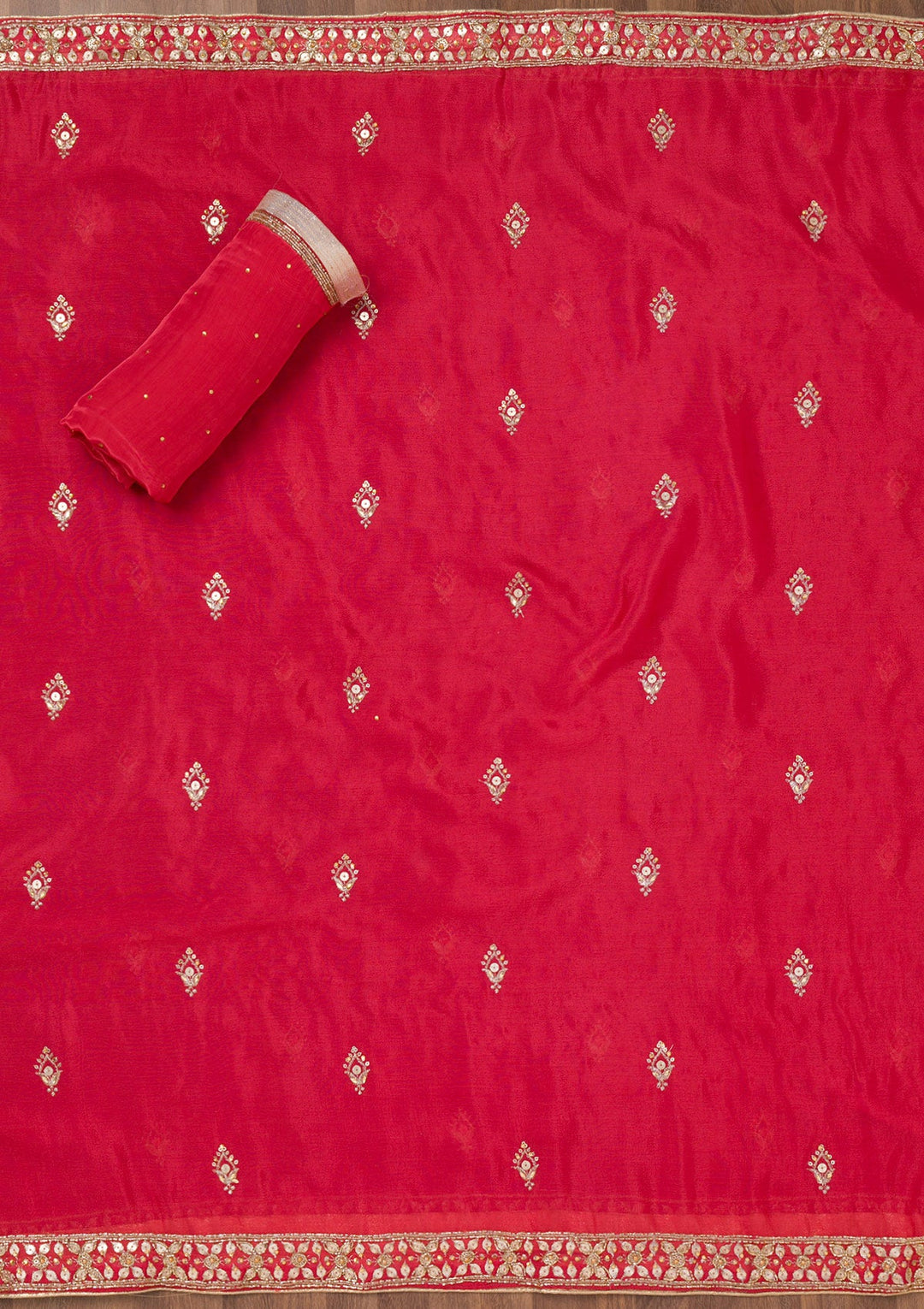 Red Zariwork Crepe Unstitched Salwar Suit-Koskii