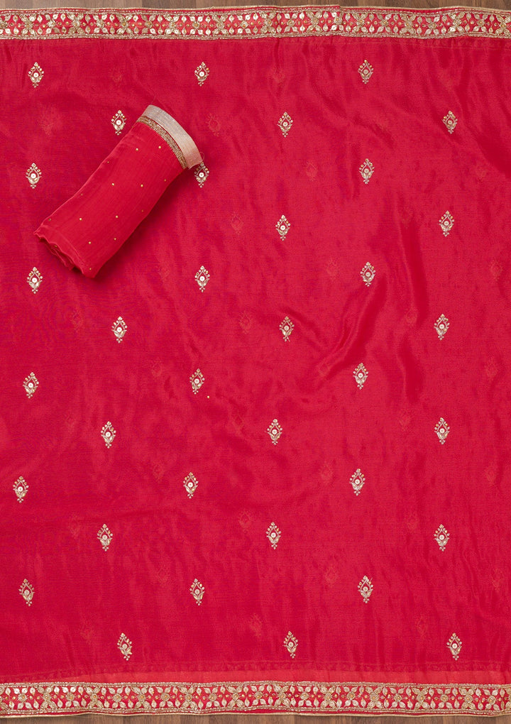 Red Zariwork Crepe Unstitched Salwar Suit-Koskii