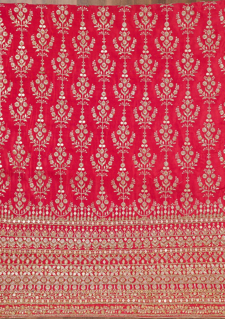 Red Zariwork Crepe Unstitched Salwar Suit-Koskii