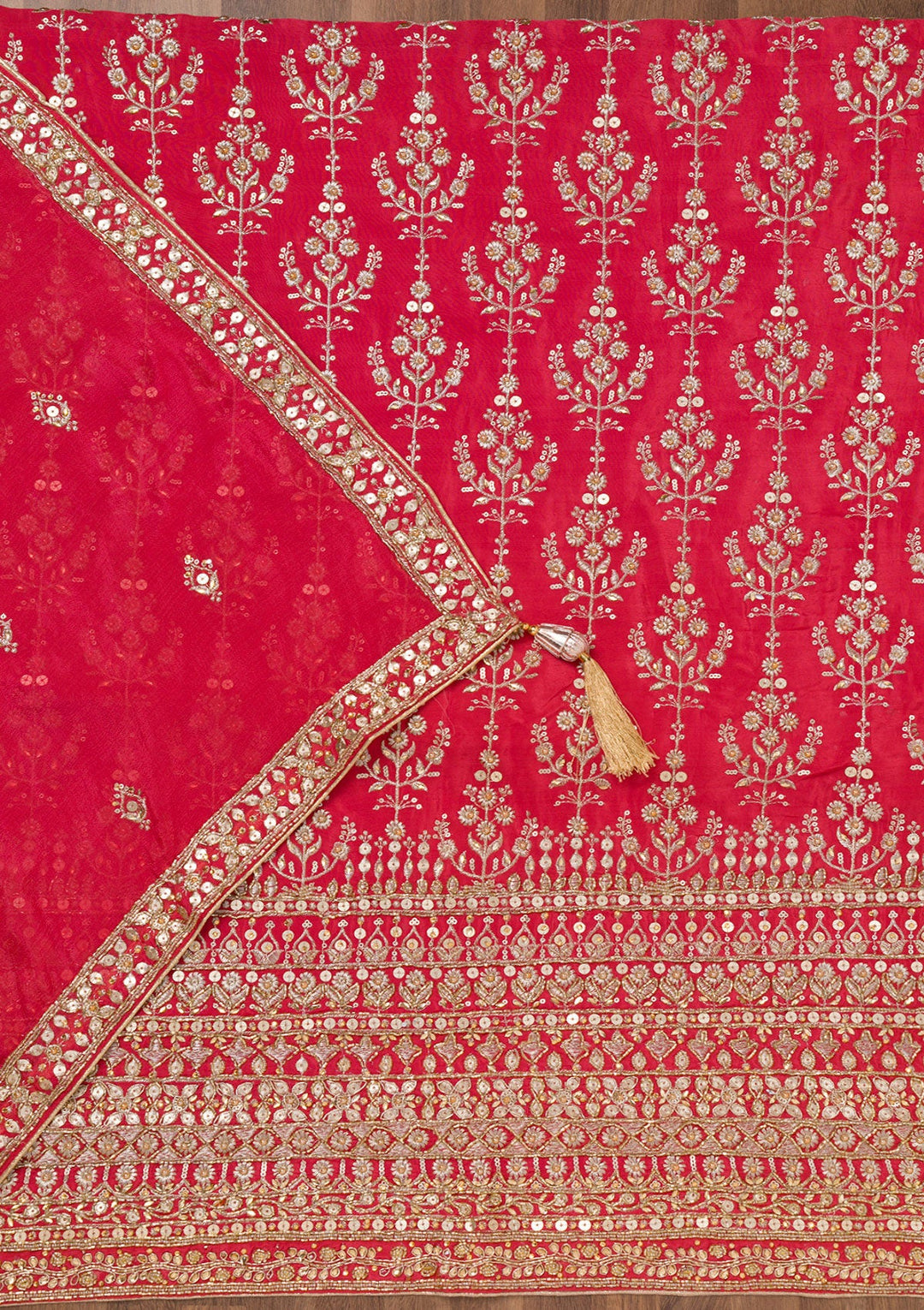 Red Zariwork Crepe Unstitched Salwar Suit-Koskii