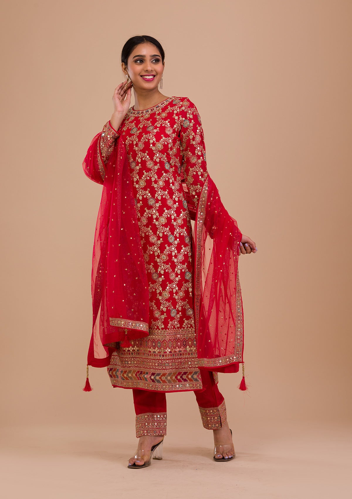 Red Zariwork Georgette Readymade Salwar Kameez-Koskii