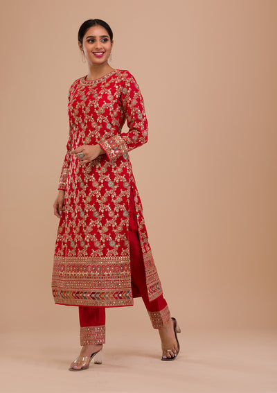 Red Zariwork Georgette Readymade Salwar Kameez-Koskii