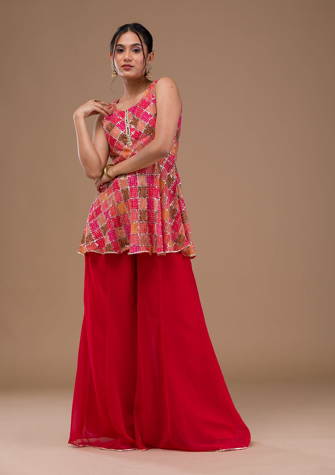 Red Zariwork Georgette Readymade Salwar Suit-Koskii