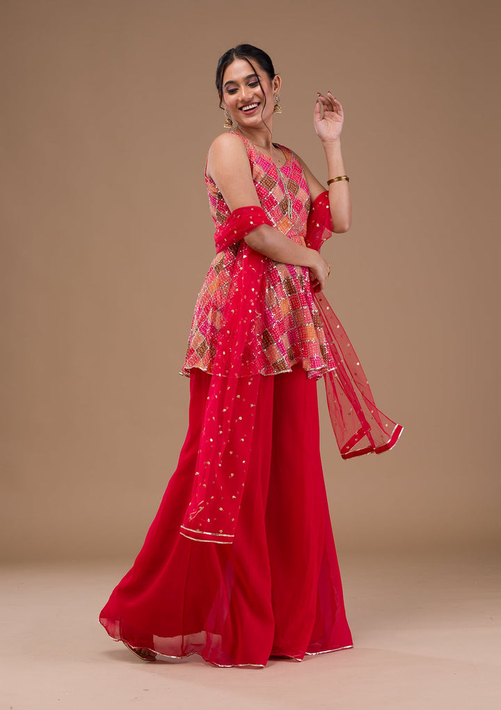 Red Zariwork Georgette Readymade Salwar Suit-Koskii