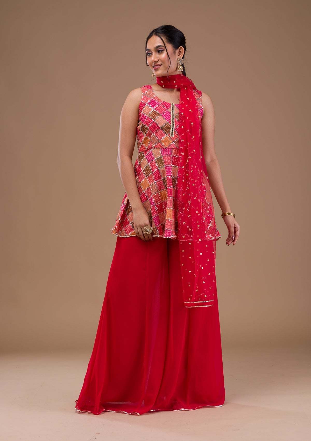 Red Zariwork Georgette Readymade Salwar Suit-Koskii