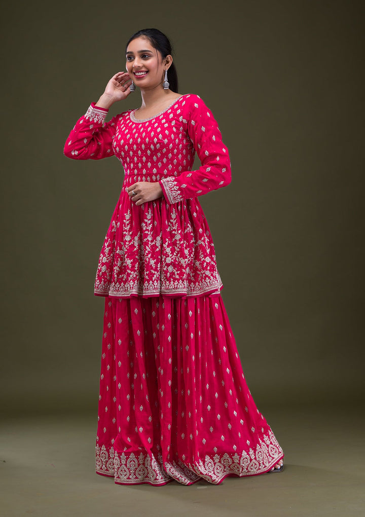 Red Zariwork Georgette Readymade Salwar Suit-Koskii