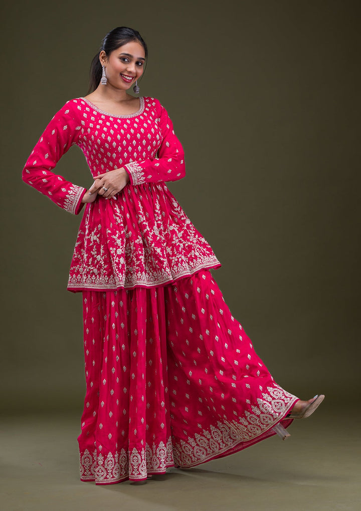 Red Zariwork Georgette Readymade Salwar Suit-Koskii