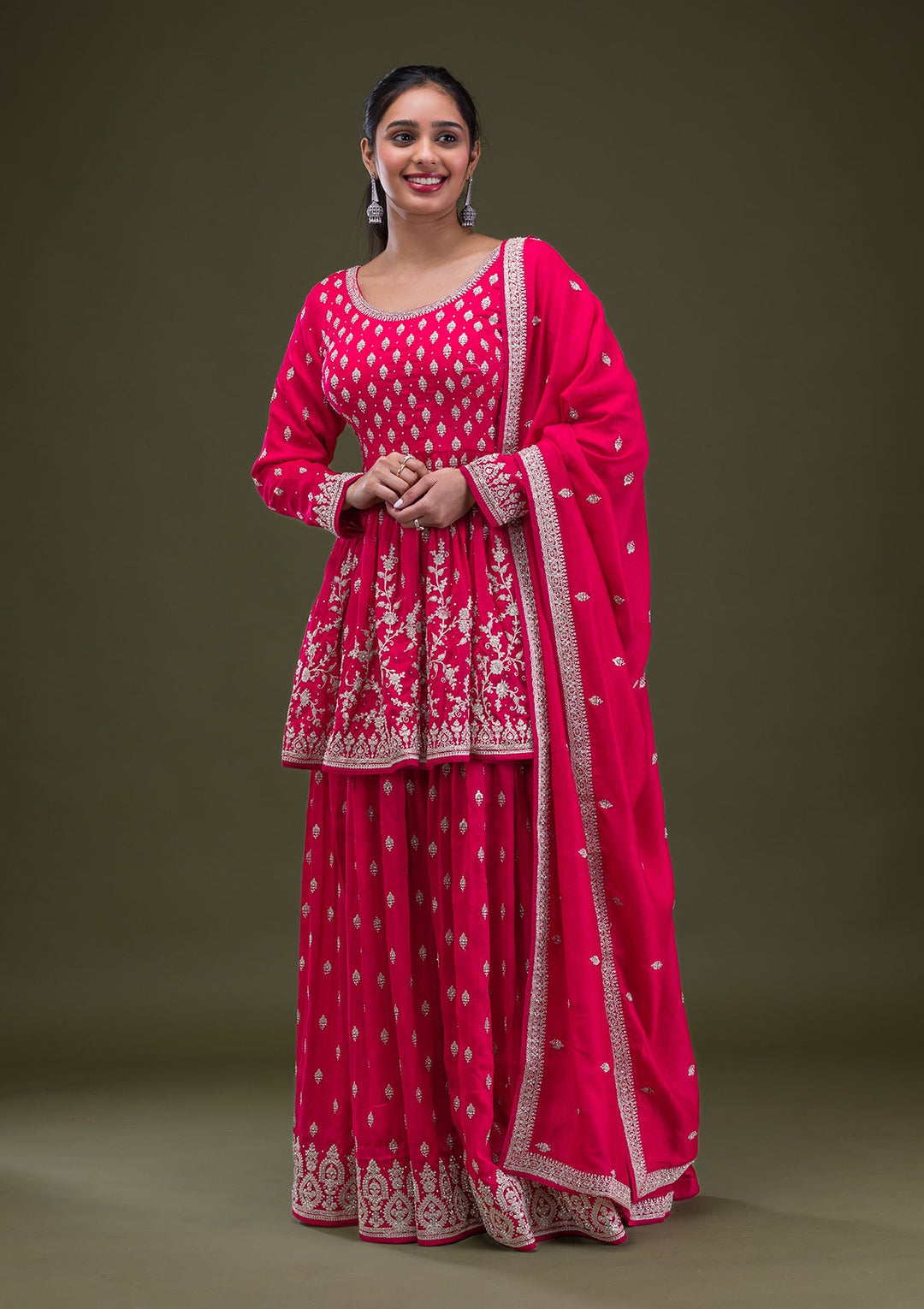 Red Zariwork Georgette Readymade Salwar Suit-Koskii
