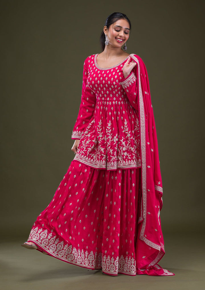 Red Zariwork Georgette Readymade Salwar Suit-Koskii