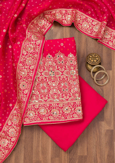 Red Zariwork Georgette Unstitched Salwar Suit-Koskii