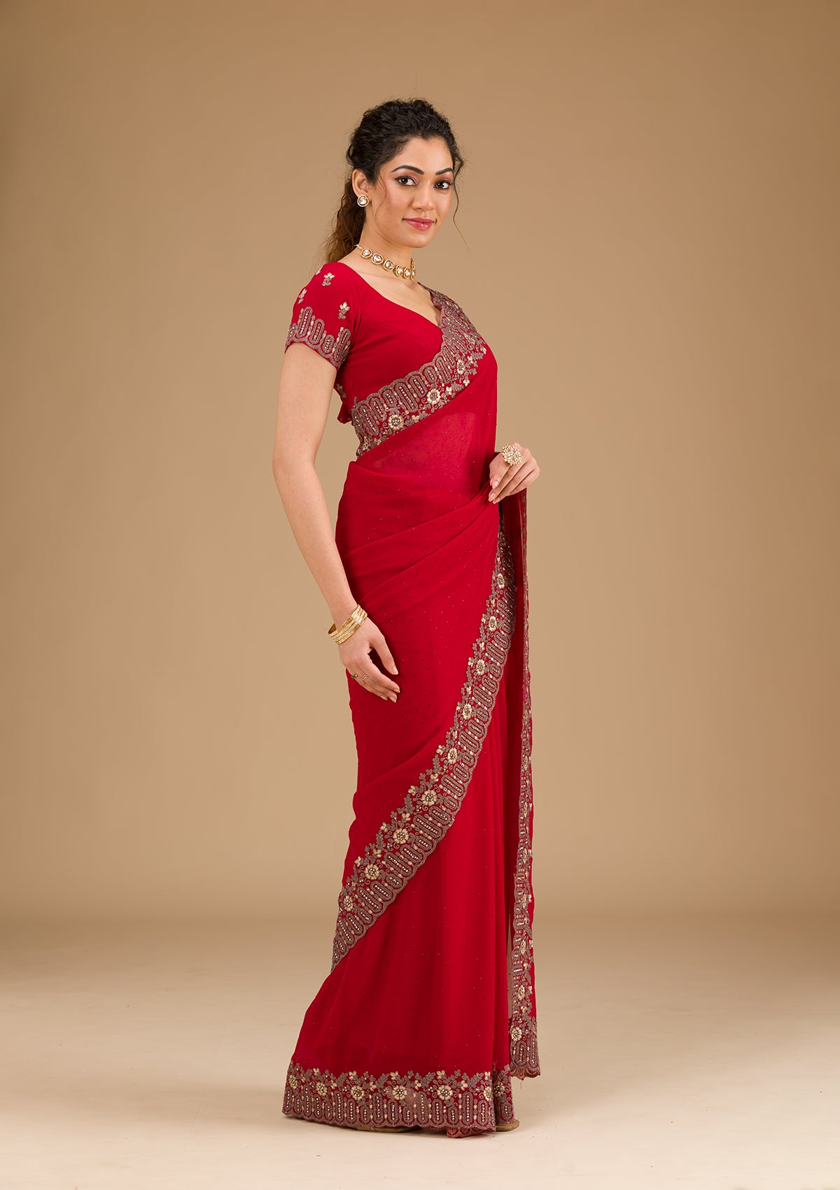 Red Zariwork Georgette Saree