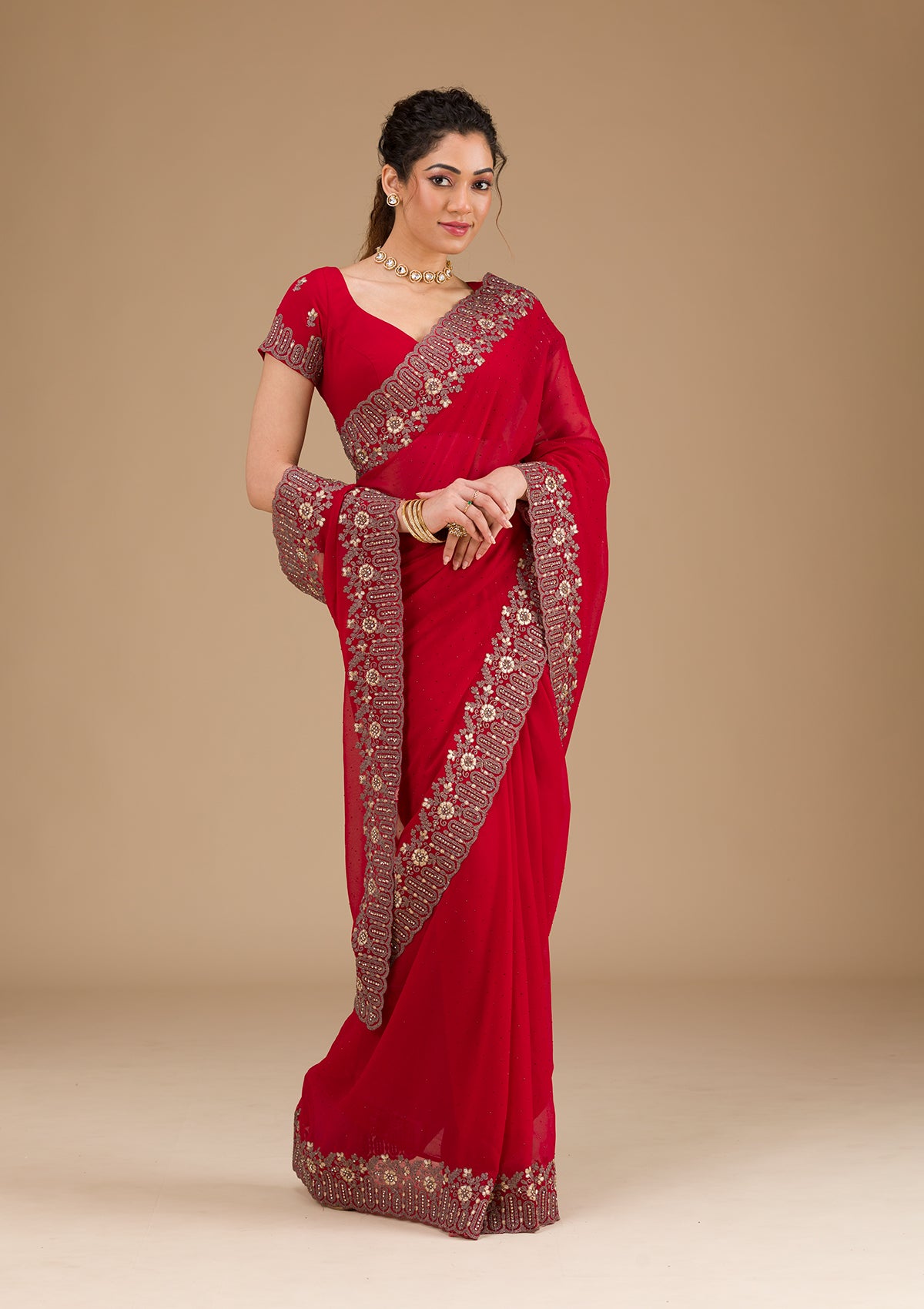 Red Zariwork Georgette Saree