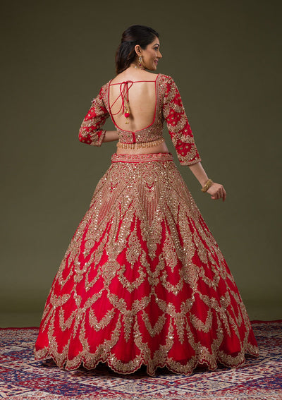 Red Zariwork Net Readymade Lehenga-Koskii