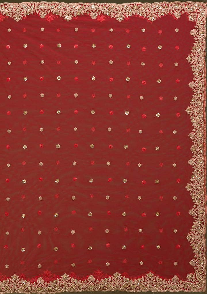 Red Zariwork Net Readymade Lehenga-Koskii