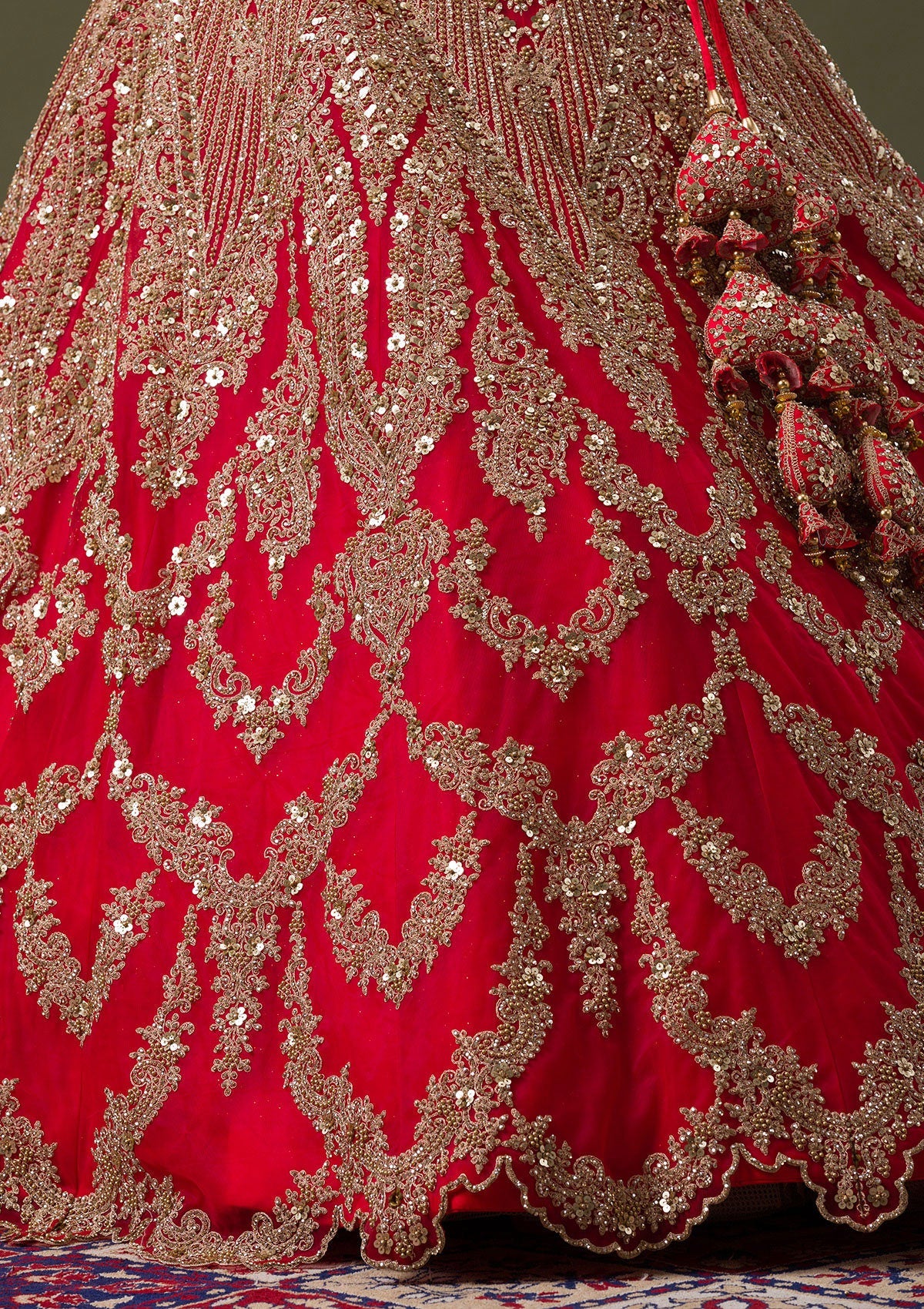 Red Zariwork Net Readymade Lehenga-Koskii