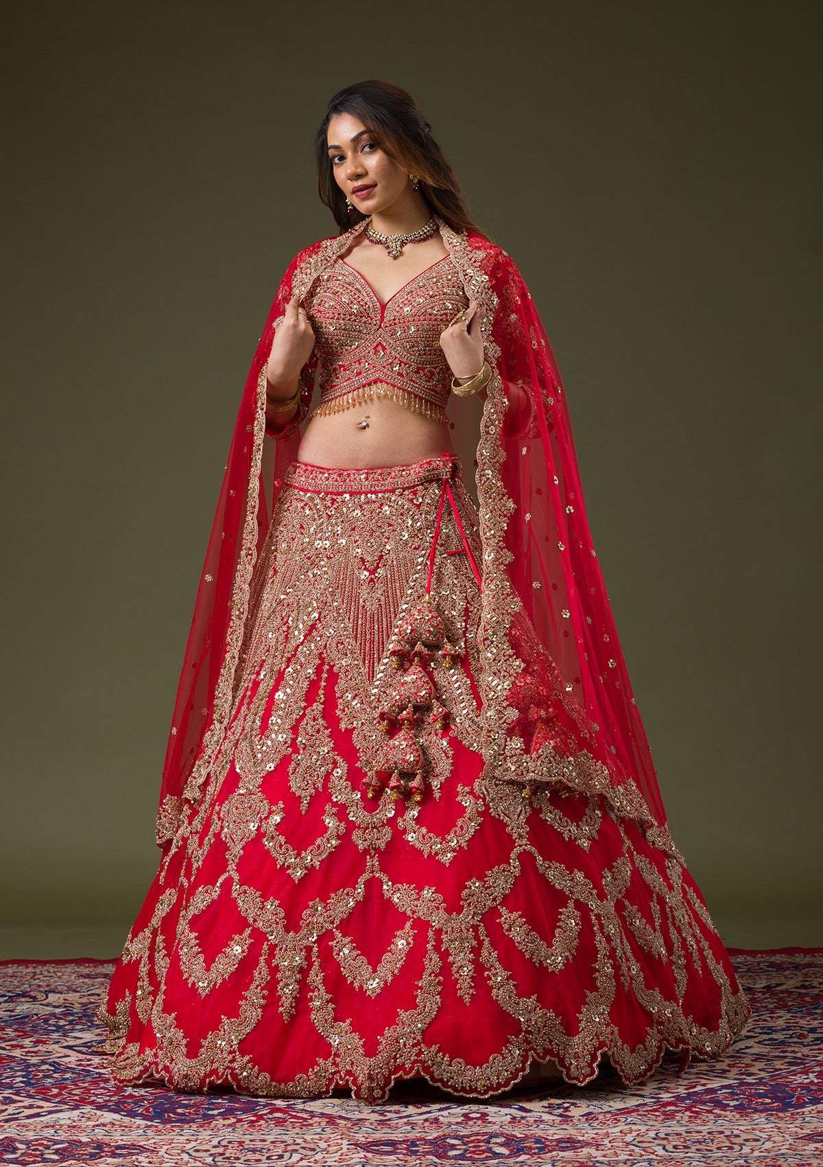 Red Zariwork Net Readymade Lehenga-Koskii