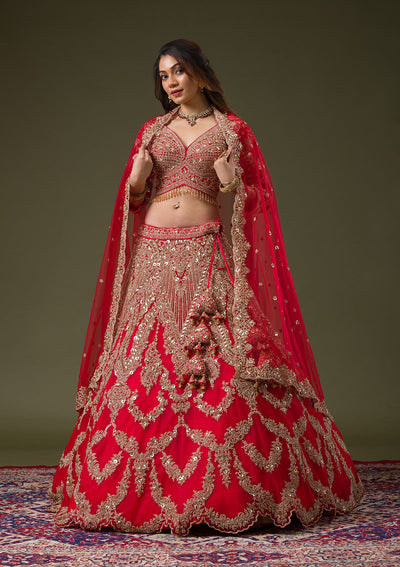 Red Zariwork Net Readymade Lehenga-Koskii