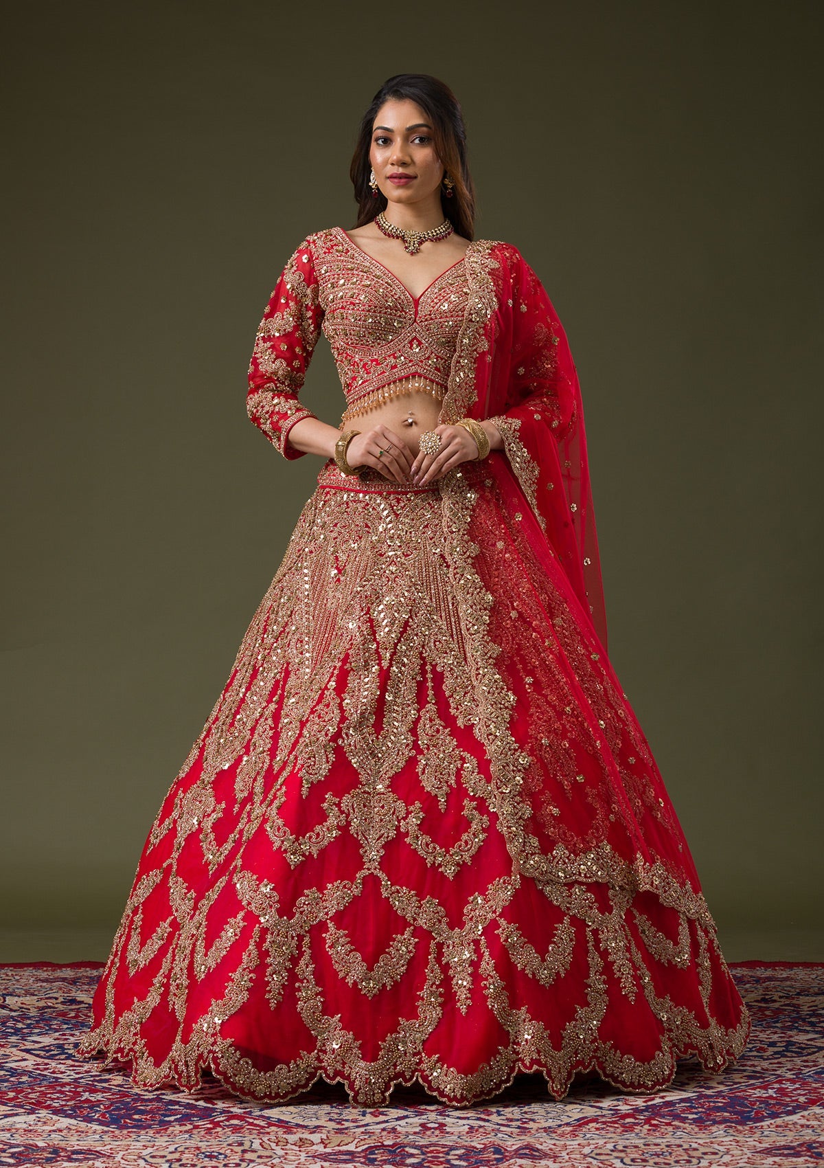 Red Zariwork Net Readymade Lehenga-Koskii