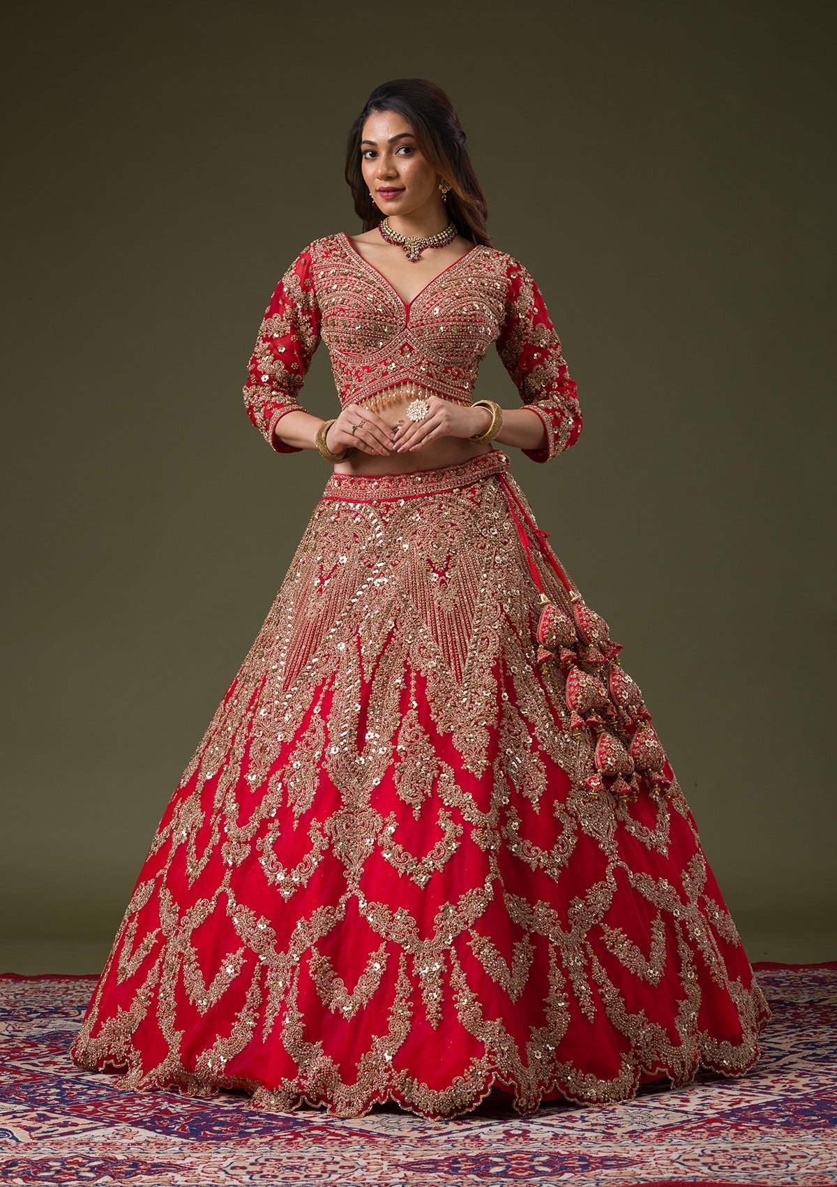 Red Zariwork Net Readymade Lehenga-Koskii