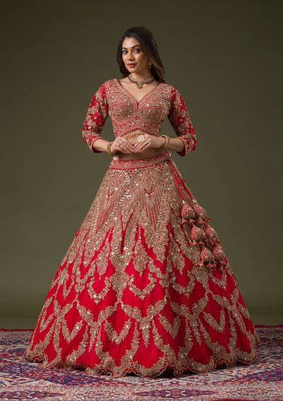 Red Zariwork Net Readymade Lehenga-Koskii