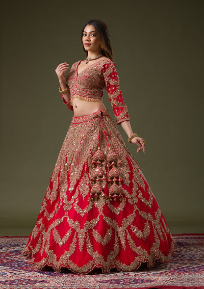 Red Zariwork Net Readymade Lehenga-Koskii