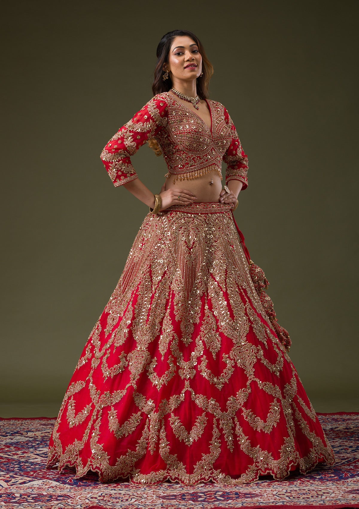 Red Zariwork Net Readymade Lehenga-Koskii