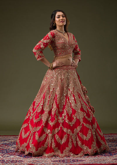 Red Zariwork Net Readymade Lehenga-Koskii