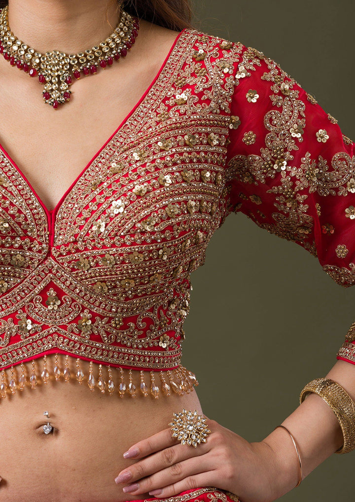 Red Zariwork Net Readymade Lehenga-Koskii