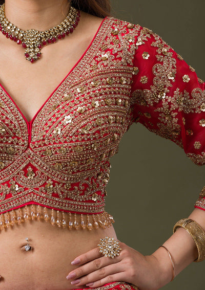 Red Zariwork Net Readymade Lehenga-Koskii