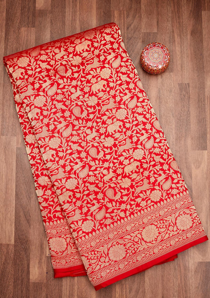 Red Zariwork Pure Silk Saree-Koskii